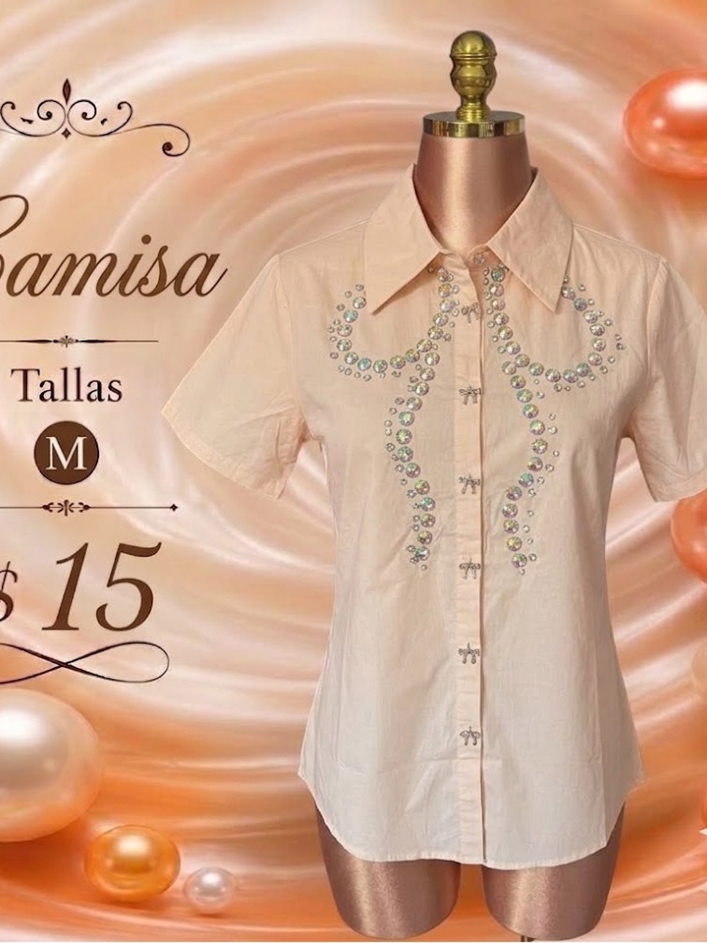 Embellished Short-Sleeve Button-Down Shirt in Peach